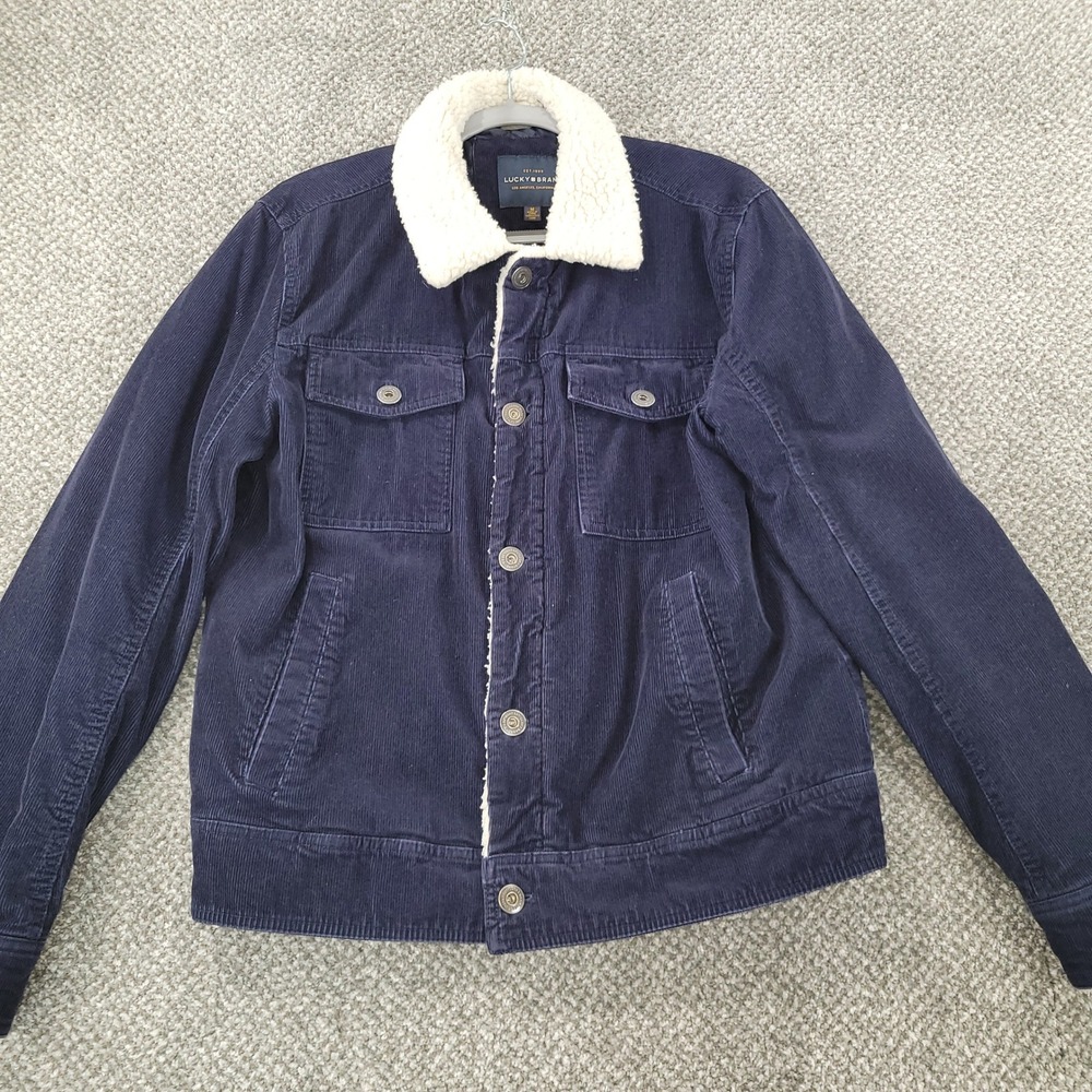 Lucky Brand Mens Navy Blue Corduroy Sherpa Collar Trucker Ranch Jacket Medium